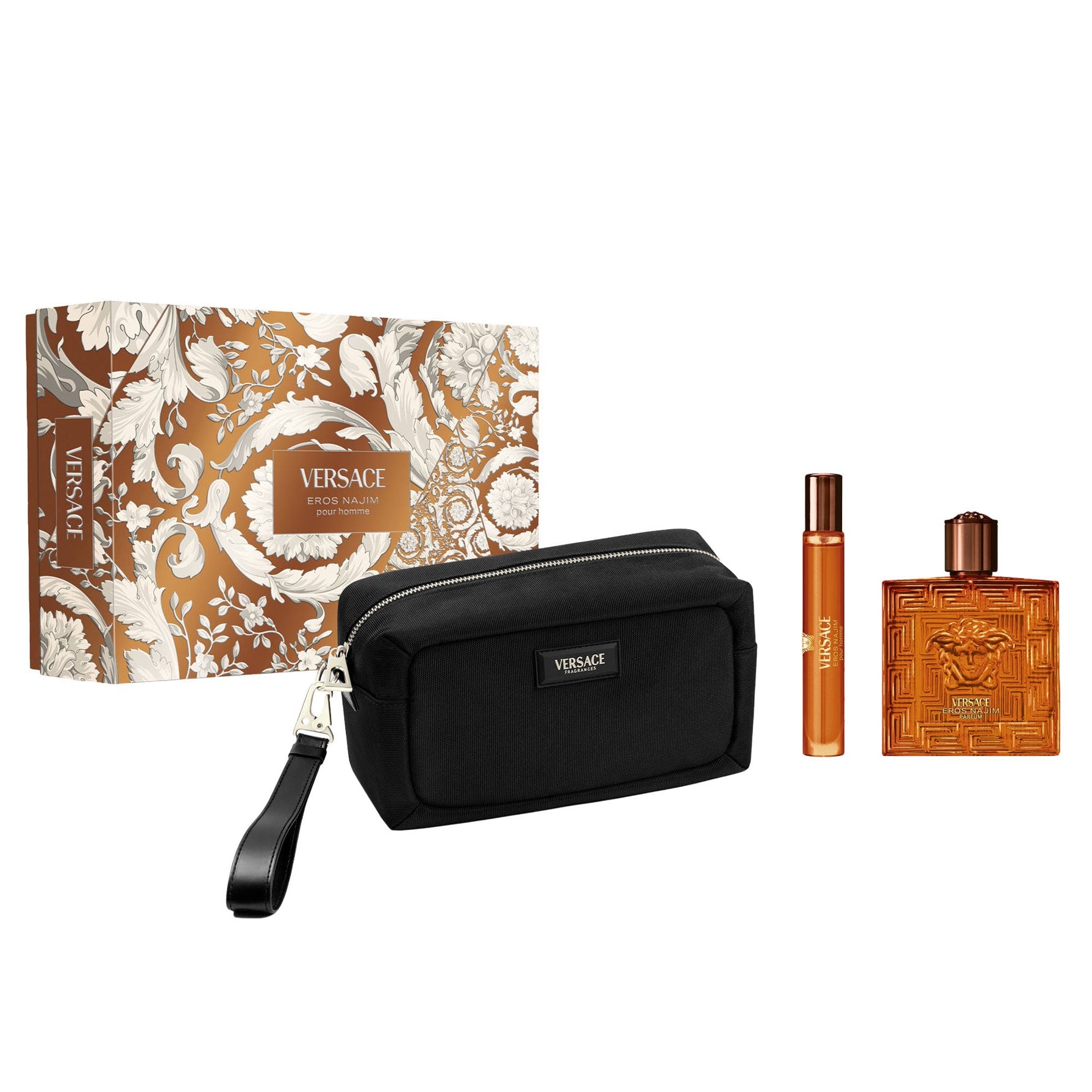 Versace Eros Najim Parfum 3 Pcs Set 3.4 Oz Parfum Spr+0.33 Oz Parfum Travel Spr+Bag [Brown-Hard Box]