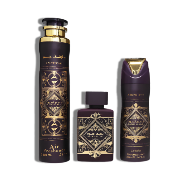 Lattafa Badee al Oud Amethyst 3 PCS SET 3.4 Oz EDP SPR+6.67 Oz Perfumed SPR+10.0 Oz Air Freshener