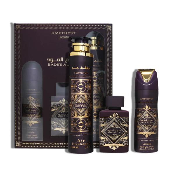 Lattafa Badee al Oud Amethyst 3 PCS SET 3.4 Oz EDP SPR+6.67 Oz Perfumed SPR+10.0 Oz Air Freshener