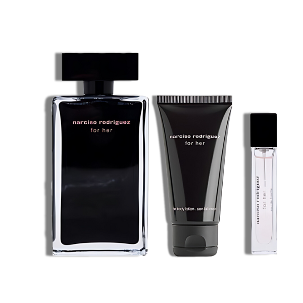 Narciso Rodriguez Set 3 pzas For Her 3.3oz EDP + 0.33 EDP +1.6oz B/L Women's Set