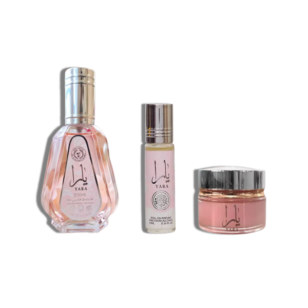 Lattafa Set 3 pzas Yara 1.7oz Roll on 10ml+20gr Body Cream - Mini- Women's Set