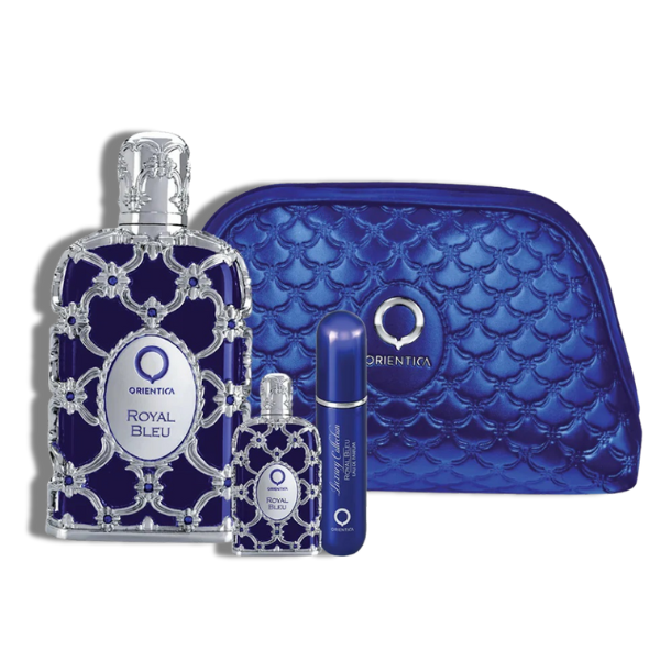 Orientica Royal Bleu Luxury Collection 4 Pcs Set 2.7 Oz EDP Spr+0.25 Oz EDP Mini+Atomizador+Bolsa Women's Set