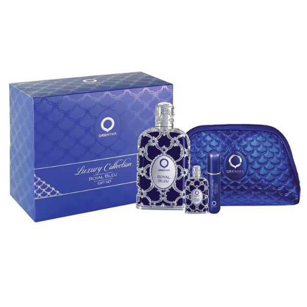 Orientica Royal Bleu Luxury Collection 4 Pcs Set 2.7 Oz EDP Spr+0.25 Oz EDP Mini+Atomizador+Bolsa Women's Set