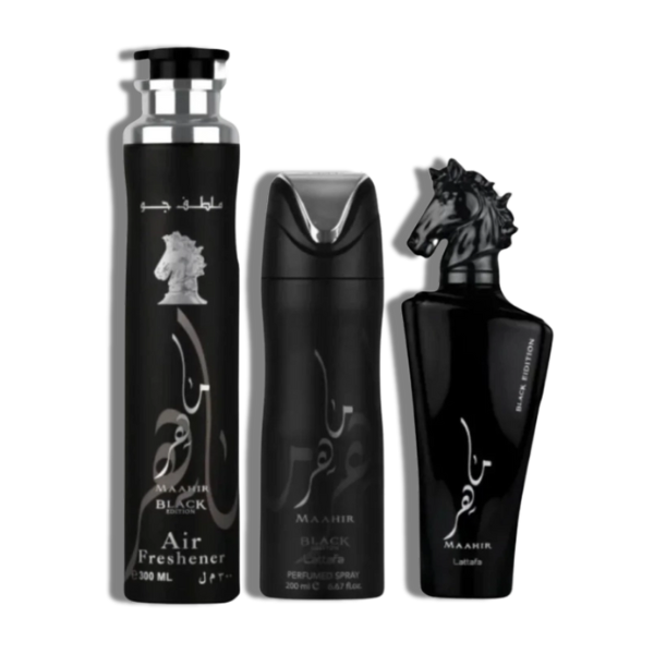 Lattafa Maahir Black Edition Set 3 Pzas 100ml/3.4 Oz EDP Spr -Black Box- Men