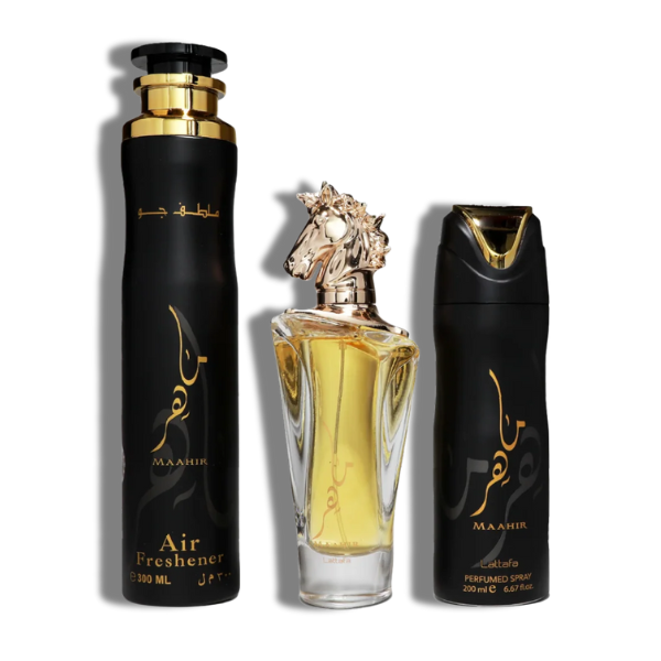 Lattafa Maahir Gold Set 3 Pzas 100ml/3.4 Oz EDP Spr -Horse-Black Box- Unisex