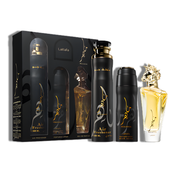 Lattafa Maahir Gold Set 3 Pzas 100ml/3.4 Oz EDP Spr -Horse-Black Box- Unisex