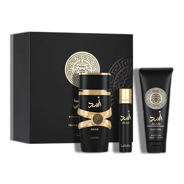 Lattafa Set Asad 3 Pcs 3.4 Oz Edp + 12Ml Travel Spray + 3.4 Oz Shower Gel Men