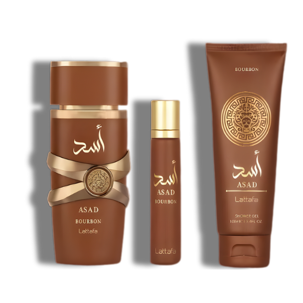 Lattafa  Set Asad Bourbon 3 Pcs 3.4 Oz Edp + 12Ml Travel Spray + 3.4 Oz Shower Gel Men