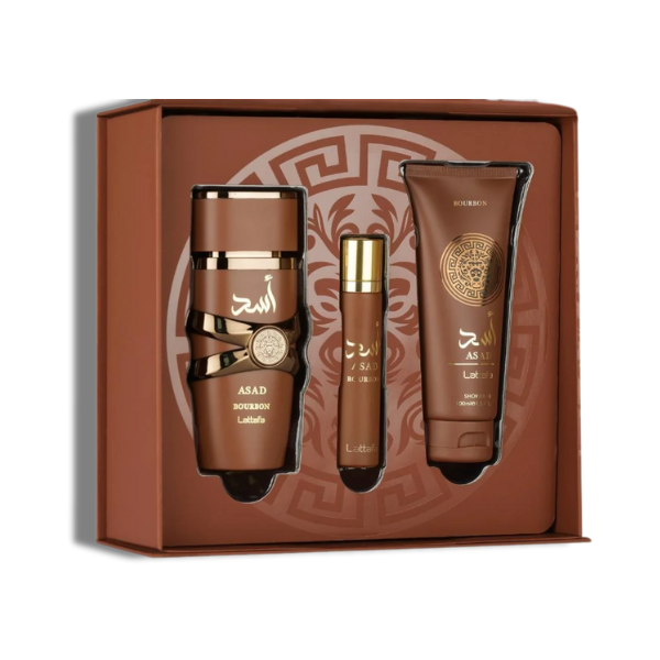 Lattafa  Set Asad Bourbon 3 Pcs 3.4 Oz Edp + 12Ml Travel Spray + 3.4 Oz Shower Gel Men