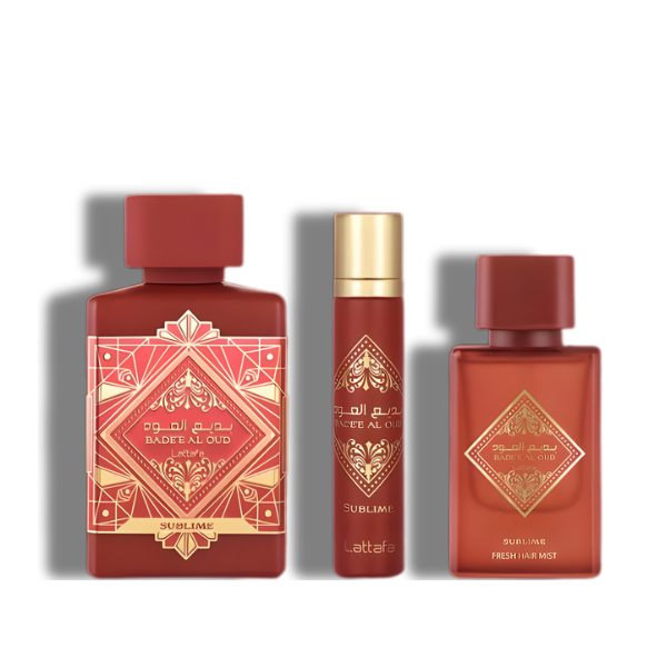 Lattafa Set Badee Al Oud Sublime  3 Pcs 3.4 Oz Edp + 12Ml Travel Spray + 50Ml Hairmist Unisex