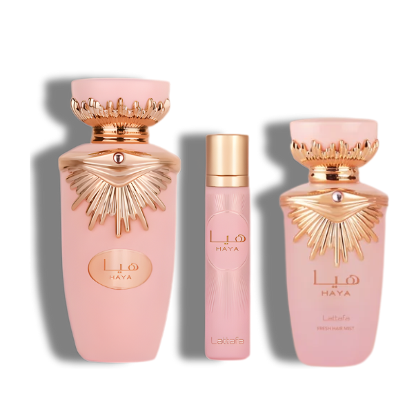 Lattafa  Set Haya 3 Pcs 3.4 Oz Edp + 12Ml Travel Spray + 50Ml Hairmist Women