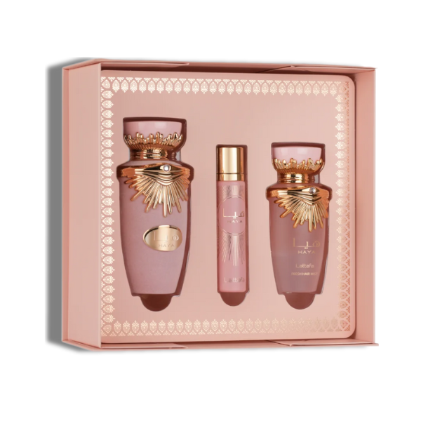 Lattafa  Set Haya 3 Pcs 3.4 Oz Edp + 12Ml Travel Spray + 50Ml Hairmist Women