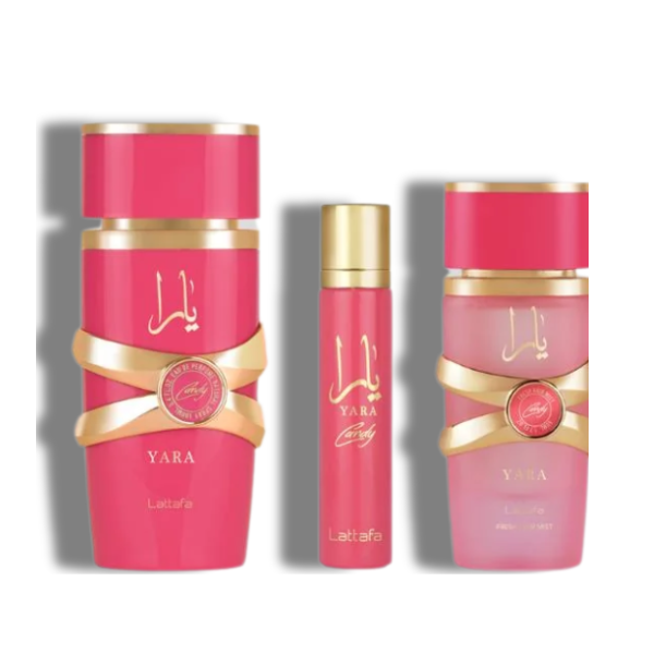 Lattafa Set Yara Candy  3 Pcs 3.4 Oz Edp + 12Ml Travel Spray + 50Ml Hairmist Women