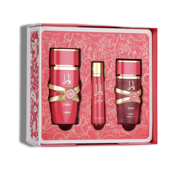 Lattafa Set Yara Candy  3 Pcs 3.4 Oz Edp + 12Ml Travel Spray + 50Ml Hairmist Women